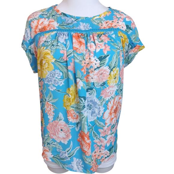 LOFT Pretty Floral Blouse‎ Top Shirt XS Petite Short Sleeve Lace Travel Tropical - Picture 1 of 9